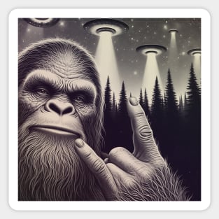 Funny Sasquatch Bigfoot Rock On Selfie With UFO Alien Sticker